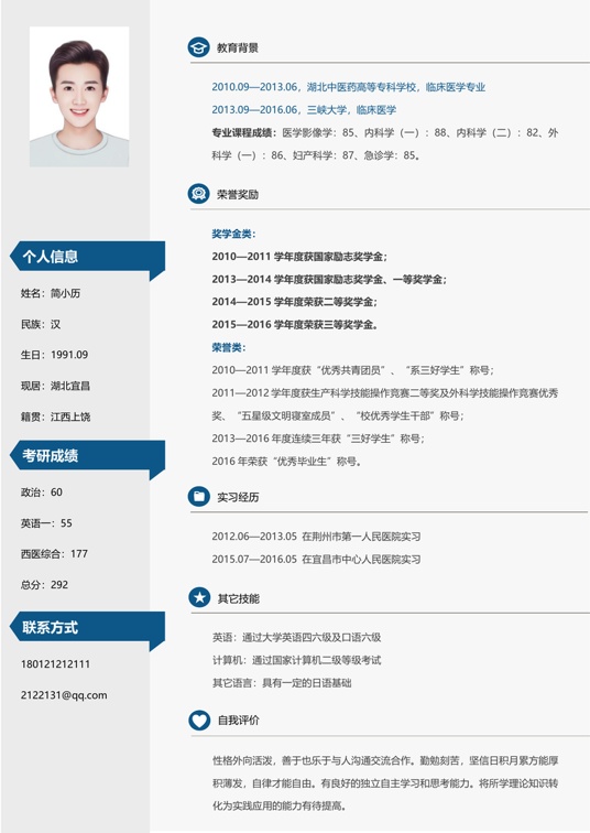 考研复试单页简历(69)复试简历word模板