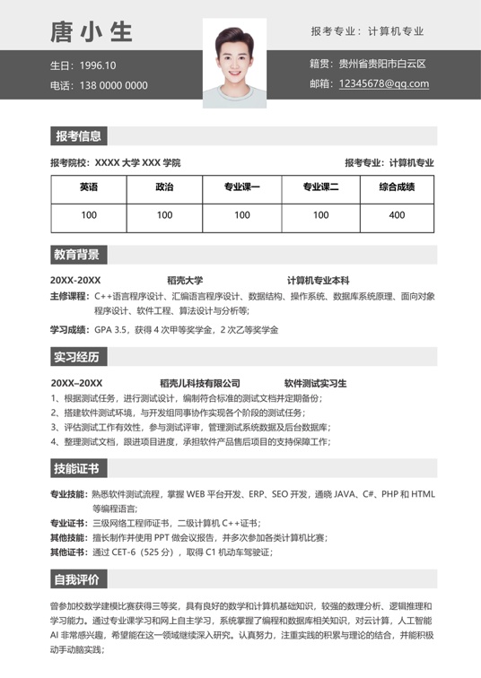 考研复试单页简历(74)复试简历word模板