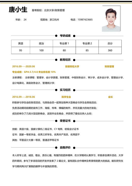 考研复试单页简历(91)复试简历word模板