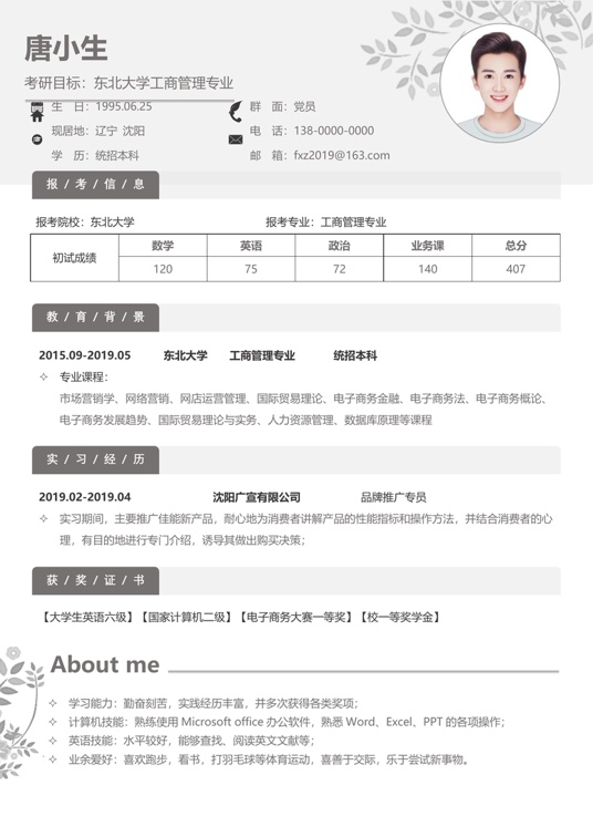 考研复试单页简历(96)复试简历word模板